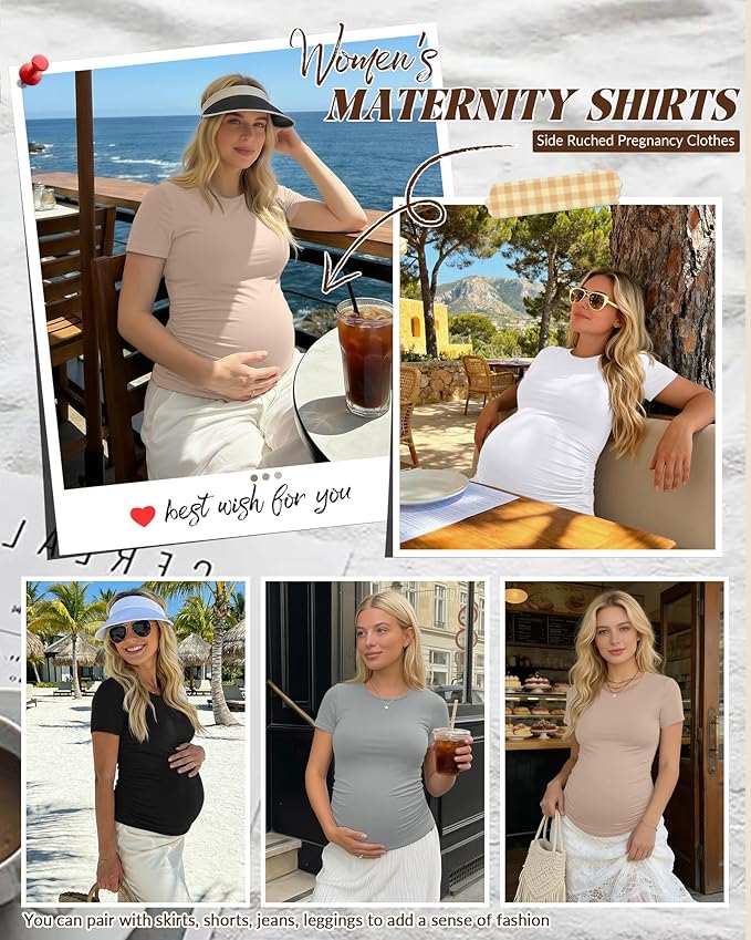 Huukeay 4 Pack Women's Maternity Shirts, Crew Neck Maternity Top Short Sleeve Casual Cotton Tee Side Ruched Pregnancy Clothes
