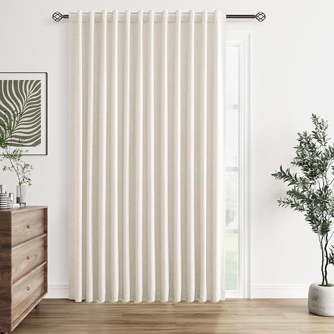 Guken Extra Wide 100% Blackout Linen Curtains for Bedroom 84 Inch Long Natural Cream Black Out Curtain Back Tab Room Darkening Window Drapes for Living Room 1 Panel Beige Ivory 100x84