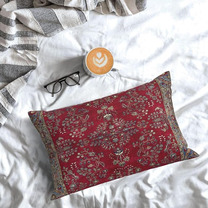 Central Red Persian Silk Rug Print Pillow Covers Decorative Lumbar Throw Pillowcase 12x20 Inch Couch Cushion Cover for Home Decor Living Room Bedroom College Dorm Bed Car Sofa