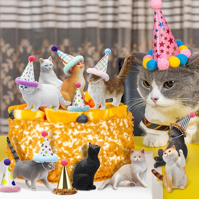 18 Pcs Cat Birthday Party Decorations Mini Birthday Hat Animal Figure Model Cake Toppers with Mini Hat for Birthday Party, Animals Themed Party