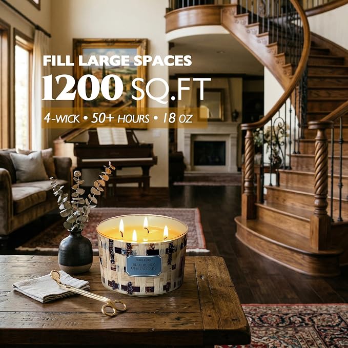 HomeLights Scented Candles for Women & Men, 18oz Candle Jars Aromatherapy 4-Wick Candle, Ideal for Rustic Modern Home Decor and Gifts, Blueberry Cheesecake