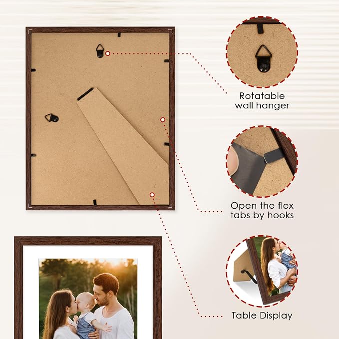 8x10 Picture Frame Bulk-6 Pack, Photo Frame with HD Plexiglass, Display Pictures 5x7 with Mat or 8x10 Without Mat, Brown Picture Frames Collage Wall Decor, Wall & Tabletop Picture Frames