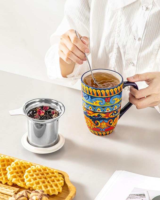 vancasso Ceramic Tea Cup with Infuser and Lid, 18 Ounce Tea Infuser Mug for Loose Leaf Tea, Microwave & Dishwasher Safe, Bohemian Mandala, Gift for Tea Lovers, Midnight Peacock