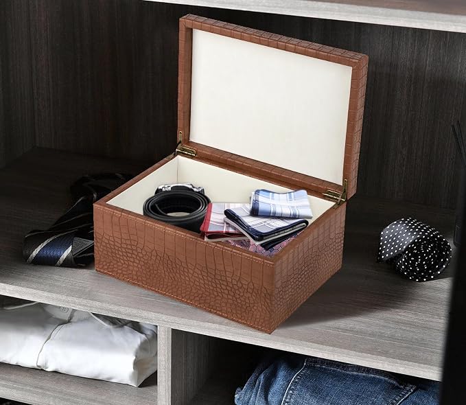 HofferRuffer Faux Leather Decorative Box, Large Wooden Structure Keepsake Box Accessory Organizer Jewelry Organizer with Hinged Lid, Storage Container for Home or Office (CrocoBrown)