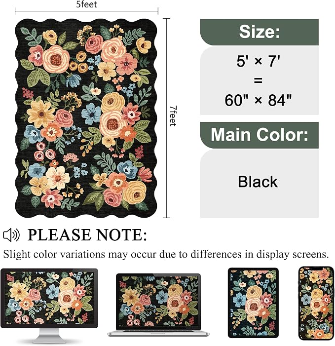 DUKINO 5x7 Area Rugs for Bedroom, Floral Washable Rug Non Slip, Black | Low Pile, Soft, Stain Resistant Throw Rugs for Living Room, Dining Room, Office, Nursery, Pet Friendly, Modern Home Decor