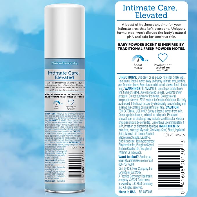 Summer's Eve Baby Powder Gentle Daily Feminine Spray with Talc-Free, Odor-Neutralizing and Moisture-Absorbing Formula, 2 Oz, Pack of 24