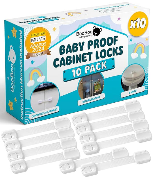 Booboo Baby 10 Pack Cabinet Locks Baby Proofing - Child Proof Cabinet Locks for Drawers, Fridge, Toilet Seats - Adjustable Cupboard Lock for Children with 3M Adhesive - Easy to Install No Tools Needed
