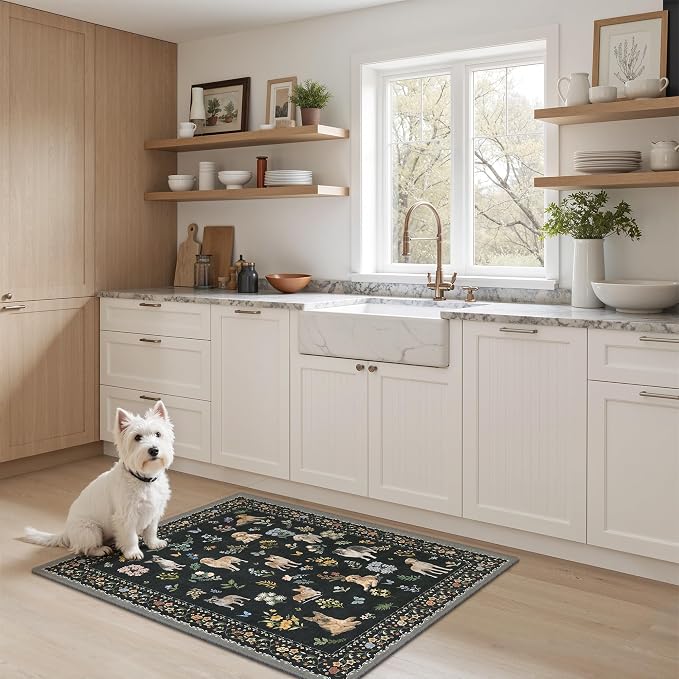 Soalmost 2x3 Dog Rugs for Entryway, Washable Door Mat Animal Soft Rug Black | Floral Small Cute Area Rug Non-Slip Low Pile Throw Rugs for Entrance Kitchen Indoor Front Door Kids Room 2' x 3'