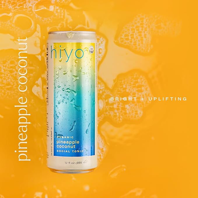Hiyo Organic Social Tonic – Pineapple Coconut, 12 Pack - Non-Alcoholic Functional Seltzer, Flavored Sparkling Water Crafted with Organic Adaptogens, Nootropics & Botanicals