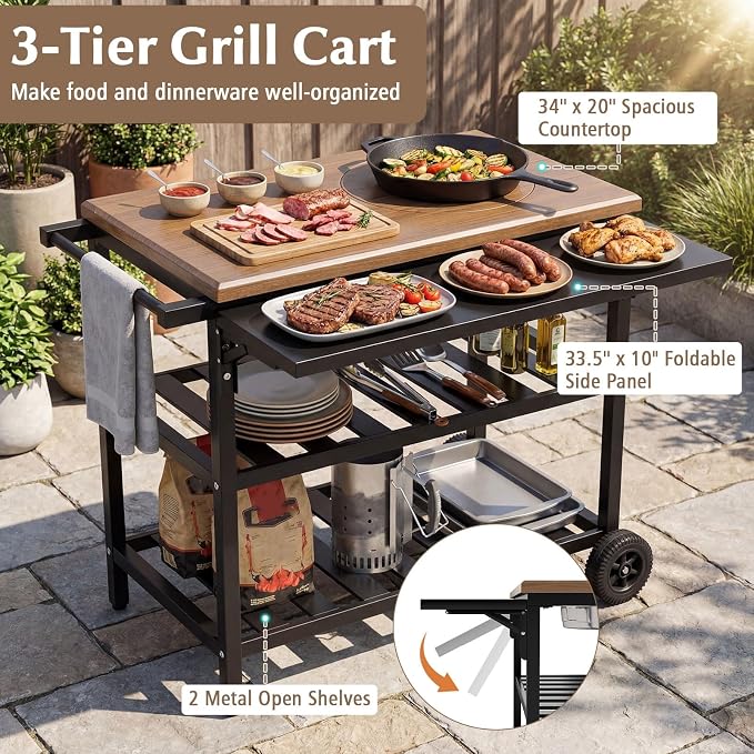 Giantex Outdoor Grill Cart with Korean BBQ Charcoal Grill, Dual Cooking Surfaces, Rolling Food Prep Table with Foldable Side Shelf, Storage Shelves, Wood-Look Top, for Patio, Party & Backyard Cooking