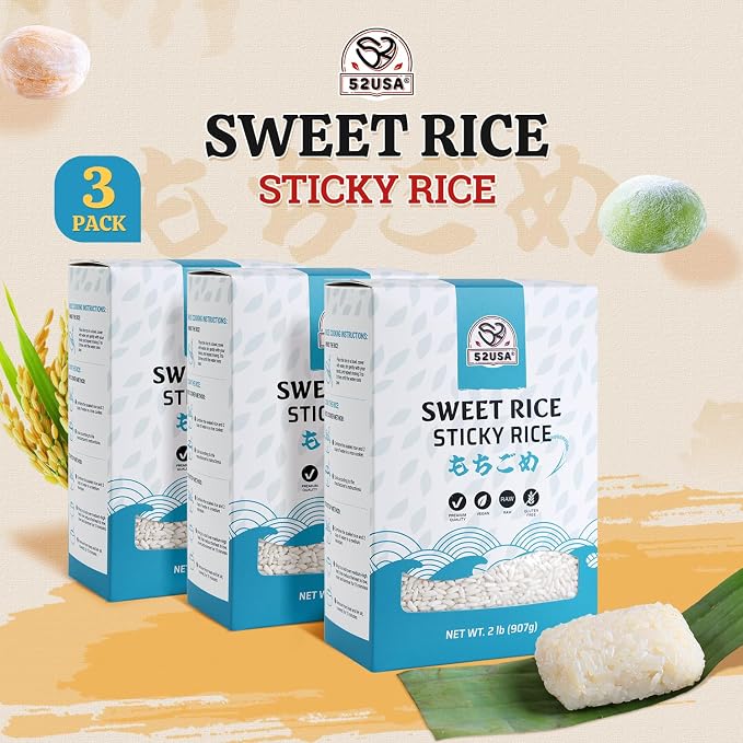 52USA Sweet Sticky Rice 2 Pound (Pack of 3), White Sticky Rice | Premium Glutinous Rice , Gluten-Free, Vegan, All Natural, Rich in Fibers and Minerals, 96 Ounce (2721g)