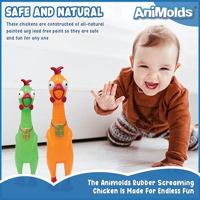 Animolds Squeeze Me Rubber Chicken Toy | Screaming Squeaky Chicken for Kids & Dogs | Novelty Prank Gag Gift (1 Pack Solid)