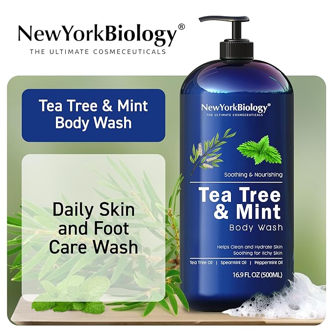 New York Biology Tea Tree Mint Body Wash for Men and Women - Moisturizing Body Wash Helps Soothe the Skin - Refreshing and Hydrating Cleanser for Body and Feet - 16.9 Fl Oz