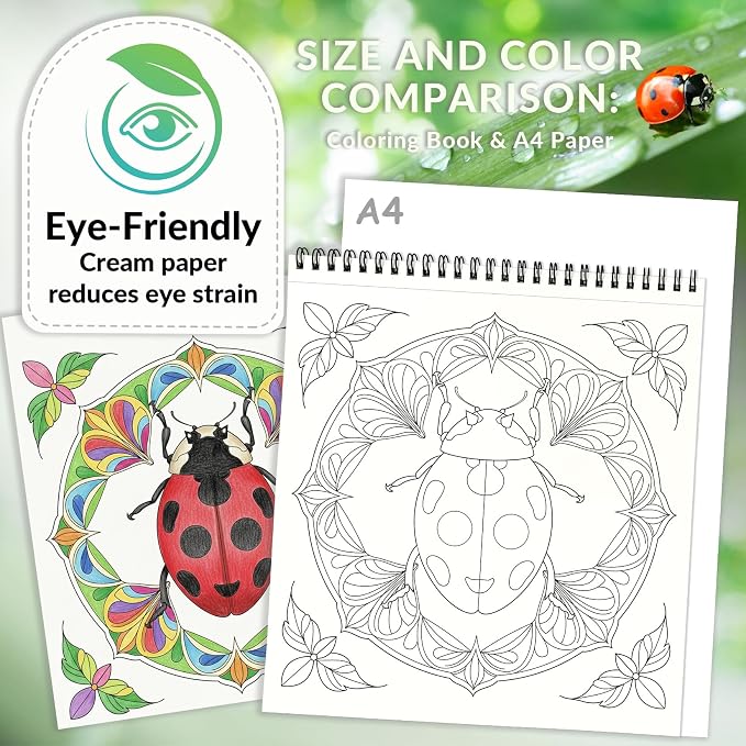 FUNLAVIE Adult Coloring Book - Mandala Coloring Books for Adults Relaxation and Teens Stress Relief, Featuring Large Print Mandalas Insect & Bloom Patterns for Women Mindfulness, Spiral Bound