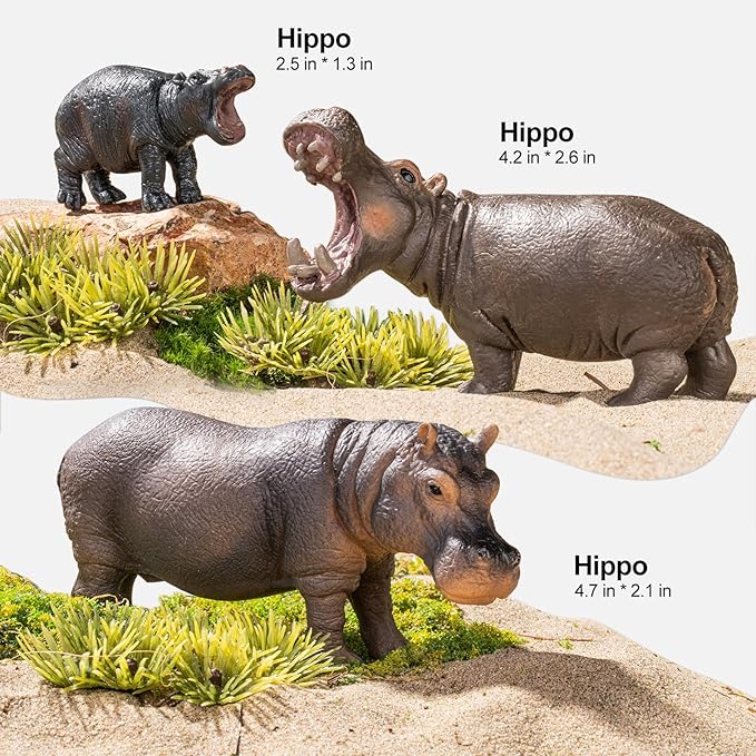 Safari Hippo Animals Toys, 4PCS Plastic Wild Animals Family Figures Toy for Kids Ages 3-5 Includes Hippopotamus and Cubs, Cake Toppers Birthday Gift Party Favors for Boys Girls