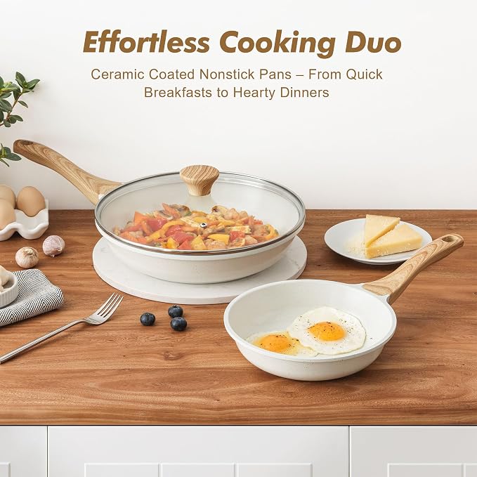 SENSARTE Ceramic Nonstick Frying Pan Skillets, White (8+11Inch with Lid) | Healthy ceramic nontoxic coating, PTFE & PFAS free. Compatible with all stoves including induction cooktops. Easy to clean.