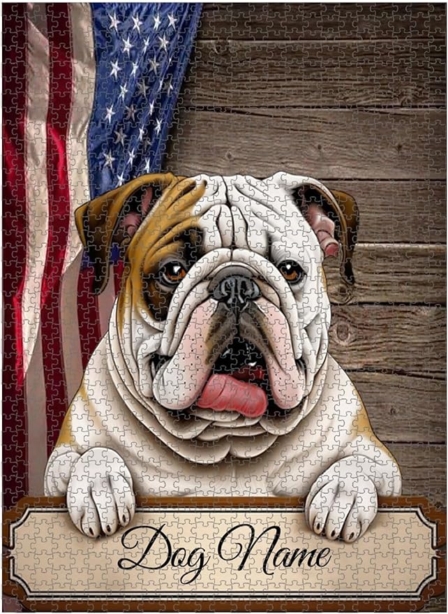 Custom Wooden Jigsaw Puzzles with Your Dog's Name on English BullDog's Art Print - 300 500 1000PCS Puzzles Game and Home Wall Decor
