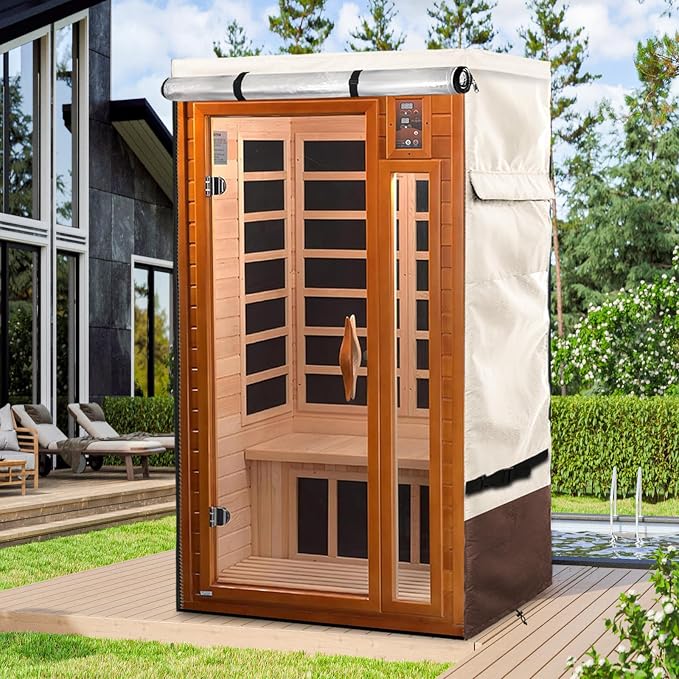 Outdoor Wood Sauna Cover,Sauna Covers with Separate Top Cover for Wood Home Spa Saunas,40" Lx37 Dx73 H with PVC Clear Door Design,Beige&Brown
