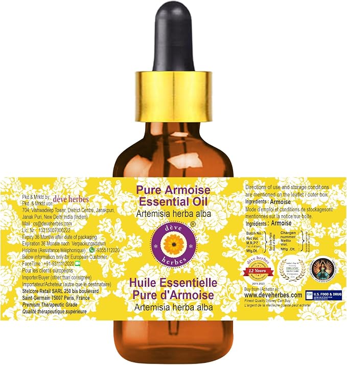 Deve Herbes Pure Armoise Essential Oil (Artemisia herba alba) with Glass Dropper Steam Distilled (Pack of Three) 100ml X 3 (10 oz)