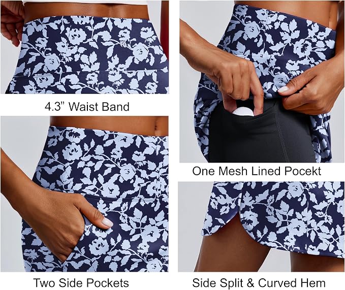 PINSPARK 18" Skorts for Woman Above Knee Length Golf Skirts 3 Pockets | High Waist, Built in Shorts, UV Protection, 4-Way Stretch, Soft, Dolphin Hem, Athletic, Tennis, Pickleabll, Casual