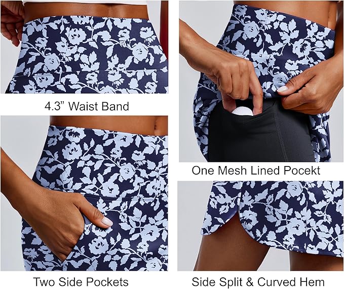 PINSPARK 18" Skorts for Woman Above Knee Length Golf Skirts 3 Pockets | High Waist, Built in Shorts, UV Protection, 4-Way Stretch, Soft, Dolphin Hem, Athletic, Tennis, Pickleabll, Casual
