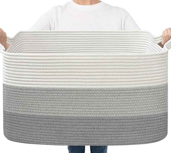 Goodpick Large Woven Rope Blanket Basket, Rectangle, Light Gray | 21.6'' x 14.9'' x 11.8'' Storage Basket for Blankets, Pillows & Toys, Living Room & Nursery Organization, Reinforced Handles
