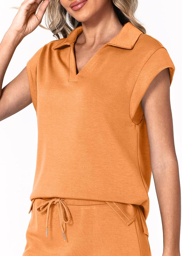 Casly Lamiit Womens Two Piece Skirt Sets Casual Cap Sleeve Lapel V Neck Tops Summer Travel Outfits Short Tennis Skort Set
