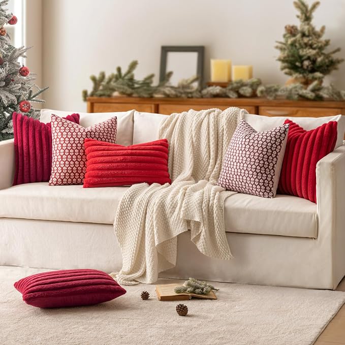 MIULEE Faux Fur Decorative Throw Pillow Covers 18x18 Set of 2 Red | Modern Soft Plush Couch Pillows, Cozy Fluffy Cushion Covers for Sofa Bed Living Room Home Decor