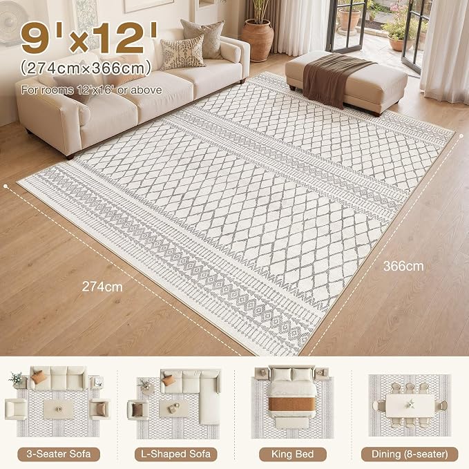 cotiled 9x12 Area Rugs Living Room Rug: Washable Boho Rugs with Non Slip Backing Large Soft Indoor Stain Resistant Carpet for Bedroom Farmhouse Dining Room Lightweight Home Decor Beige/Gray