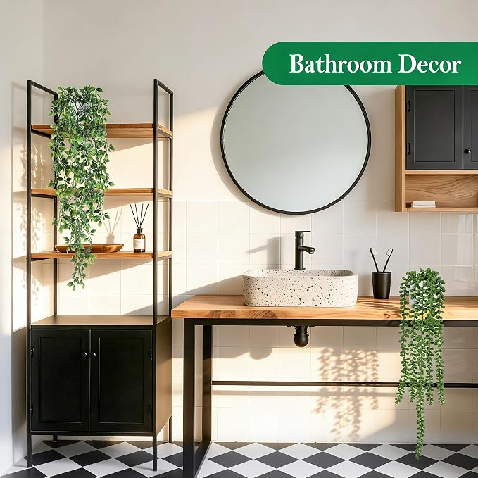 Der Rose 8Pcs Fake Hanging Plants with White Pots for Fuller Shelf Decor | Artificial Plants Indoor with mixed trailing greenery brighten bathroom, kitchen, bedroom, shelf and wall decor