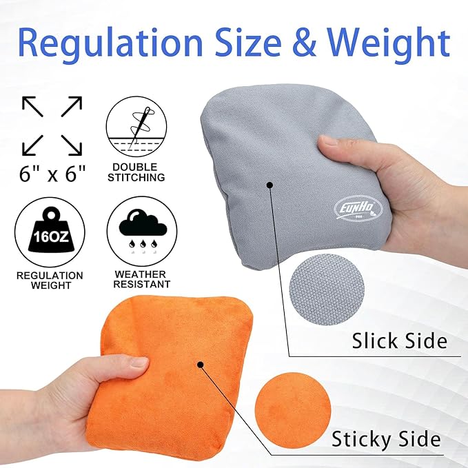 EunHo Regulation Cornhole Bags Set of 8 - Dual Sided Slick and Stick Cornhole Bean Bags for Tossing Game Professional All Weather Pro Corn Hole Bags with Tote Bag