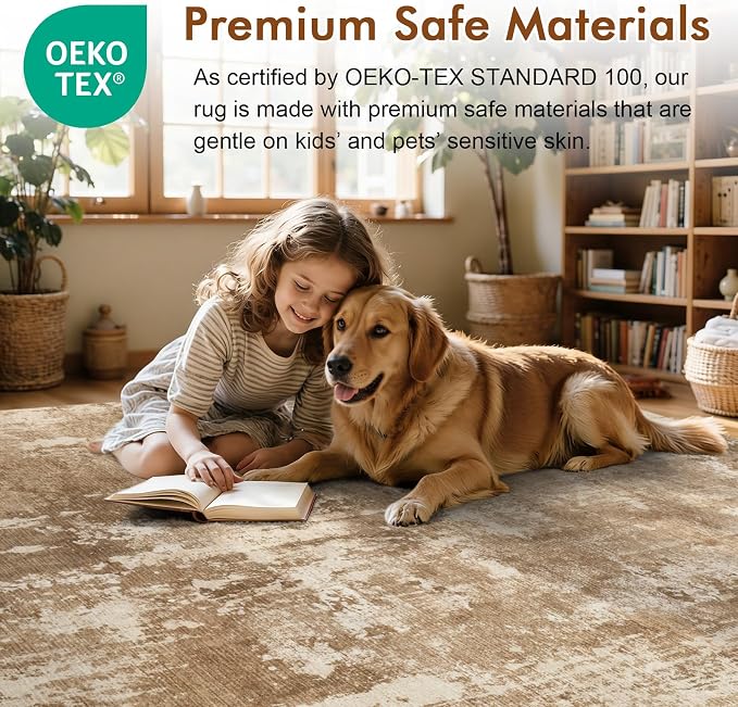 4x6 Ft Area Rugs for Living Room, Soft Non-Slip Washable Rugs Modern Abstract Pattern Carpet for Bedroom Indoor Floor Nursery Home Decor (Brown)