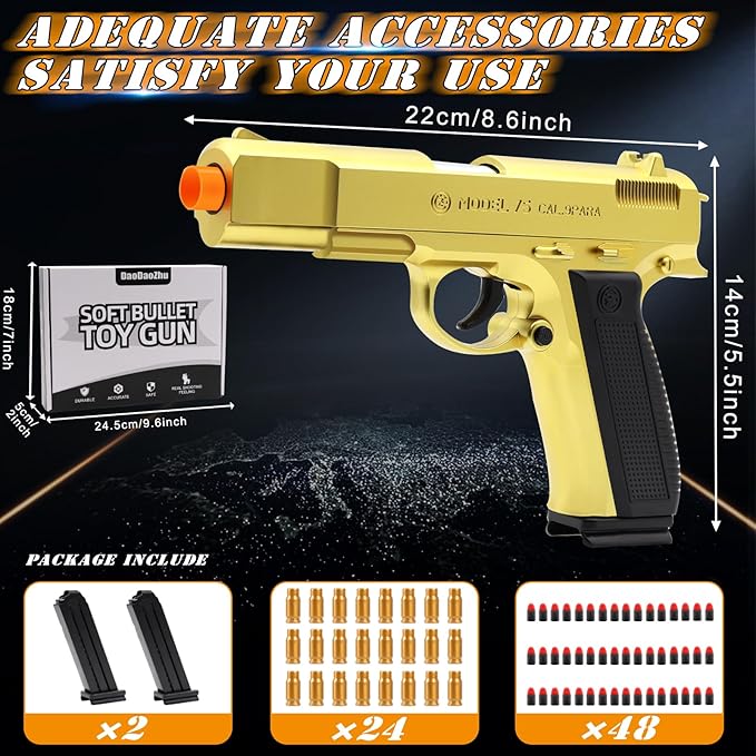 Gold Toy Pistol Guns Toys for 8 9 10 11 12 13+ Year Old Boys Kids, Sports & Outdoor Play Toys Gun with Soft Bullet & Shell Ejecting, Fidget Toy Guns for Boys 8-12, Kids Gifts for Birthday