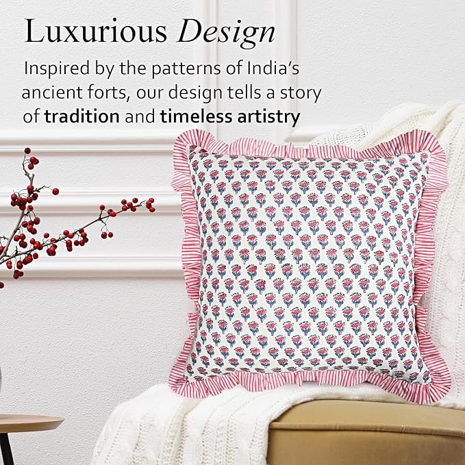 CPC Pink Sapphire Ruffle Throw Pillow Covers for Couch, 18x18 Inch Cotton Stripe Ruffle Couch Pillows for Living Room, Hidden 14 Inch Zipper Boho Pillow Case or Cute Outdoor Pillows