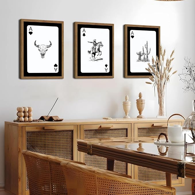 Western Cowboy Wall Art Set of 3 Cowboy Print Playing Card Inspired Southwestern Canvas Poster Trendy Western Wall Decor Longhorn Bull Skull Room Decor for Bedroom Living Room Framed 16x24 inch