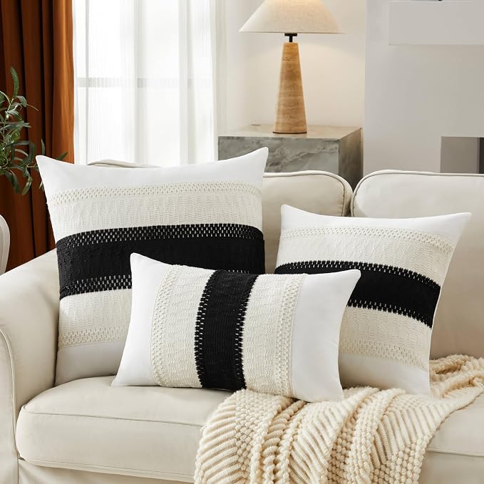 2pk Boho Pillow Covers 18x18, Natural White/Contrast/Black | 100% Organic Cotton Body, Stripe Embroidery, Farmhouse Decorative Cushion Covers for Sofa Bed Living Room Home Decor