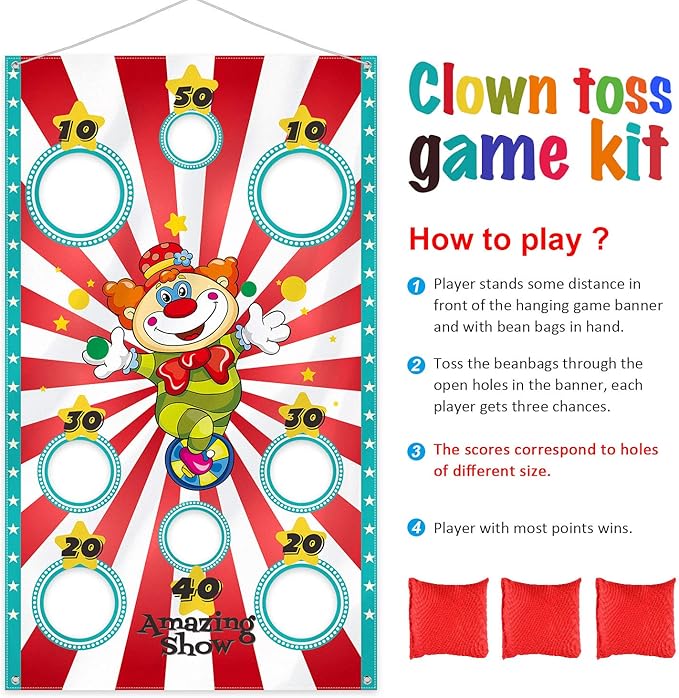 Blulu Carnival Toss Game Banner with 3 Bean Bags Carnival Game for Kids and Adults in Indoor Outdoor Activities Circus Theme Birthday Party Decoration Supply Set