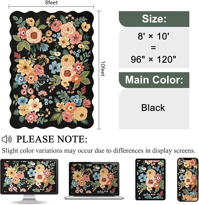 DUKINO 8x10 Area Rug for Living Room, Floral Washable Rug Non Slip, Black | Soft, Low Pile, Stain Resistant Throw Large Rug for Bedroom, Dining Room, Nursery, Kids Playroom, Pet Friendly, Home Decor