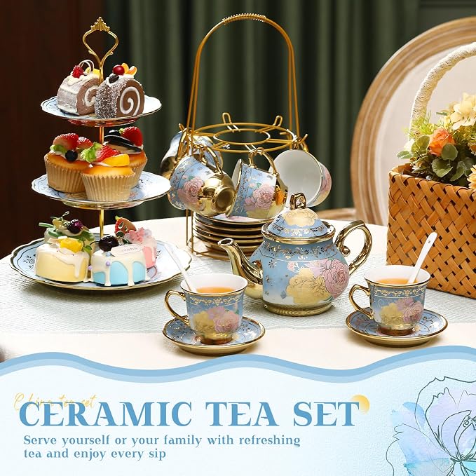 21 Pcs Ceramic Teapot Set Vintage Porcelain Tea Cups with Metal Holder and High Tier Cupcake Stand Saucers for Women Girls Farmhouse European Weddings Party Decor Gifts(Blue,Elegant)