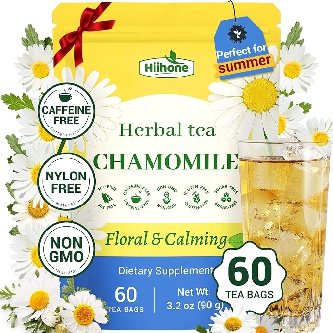 Hiihone Chamomile Tea Bags 60 Count – Pure Chamomile Herbal Tea, Caffeine-Free, Supports Relaxation & Stress Relief, Premium Floral Chamomile, Non-GMO Natural Herbal Tea