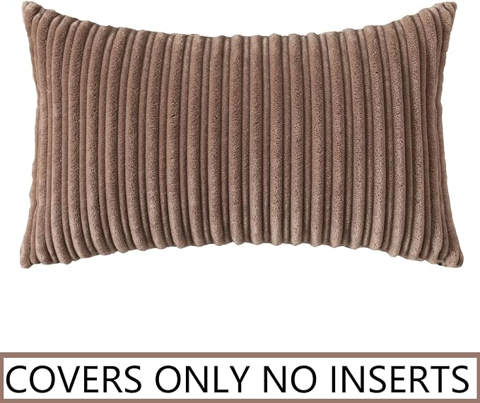 UGASA Soft Velvet Stripe Decorative Lumbar Pillow Cover 1 Pack Solid Corduroy Textured Euro Oblong Cushion Case for Couch Bedroom Sofa Farmhouse, 12x20 Inch, Light Brown