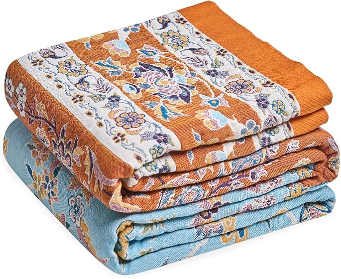 LUTBM Boho Throw Blanket for Couch 50"x60", Cotton Decorative Bed Throws | Reversible Vintage Florals Jacquard, All-Season Lightweight Soft Blankets, For Chair Sofa Bedroom Living Room, Home Decor