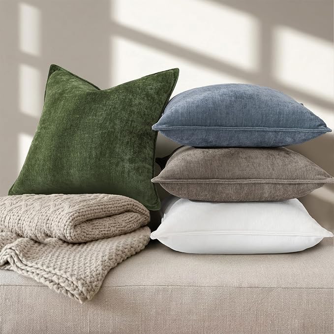 decorUhome Chenille Haze Blue Velvet Throw Pillow Covers 22x22 Set of 2 | Fall Soft Euro Sham Couch Decorative Modern Farmhouse Pillow Cases with Elegant Design for Sofa Bed Living Room Home Decor