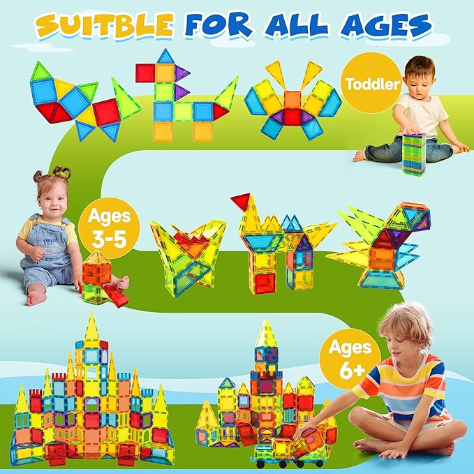 Magnetic Tiles, 131PCS Magnetic Blocks with 2 Cars, Learning Magnetic Building Blocks Sets, Educational Magnets Tiles Toys for Boys Girls Kids Ages 3 4 5 6 7 8 9+ Year Old