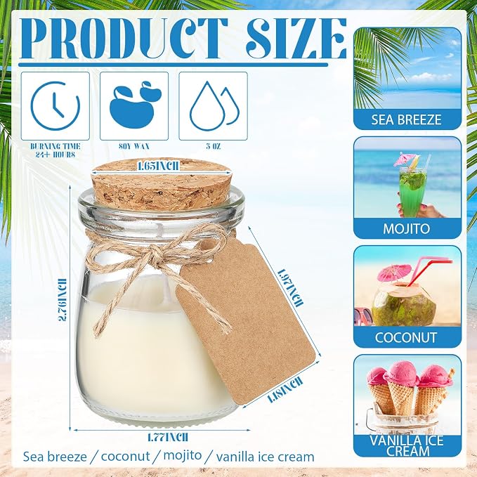 MTLEE 24 Pcs Jar Candles for Guests Wedding Summer Candles Gift Natural Wax Jar with DIY Cards for Bridal Baby Shower Party Favors Home Decor, Scents of Ocean Breeze/Mojito/Coconut/Vanilla Ice Cream