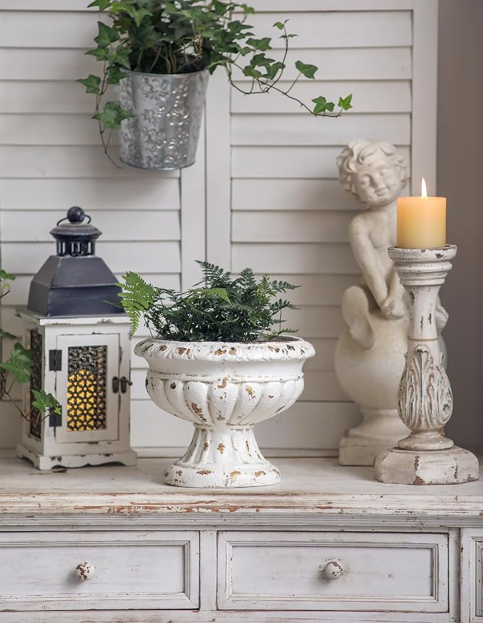 SOFE Vintage Large Pedestal Vase, 11 Inches Tall, Handmade Shabby Chic | Front Porch Garden Planters, White Resin Compote Flower Pot, French Country Home Decor, Landscaping Container Accent