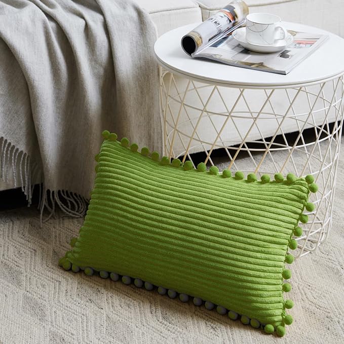 Fancy Homi Pack of 2 Lime Green Lumbar Decorative Throw Pillow Covers with Pom-poms, Soft Corduroy Solid Rectangle Cushion Cases Set for Couch Sofa Bedroom Car Living Room (12x20 Inch/30x50 cm)