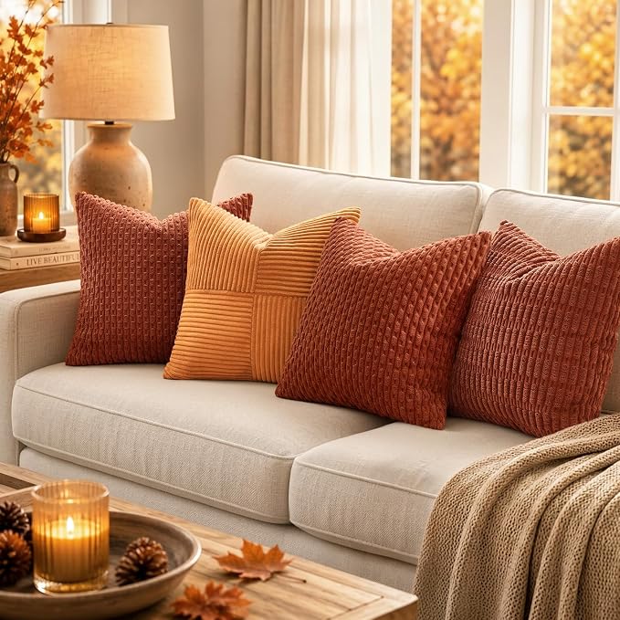 MIULEE Fall Decorative Throw Pillow Covers 26x26 Rust Textured Corduroy | Terracotta Pack of 2 Striped Pillow Covers Modern Farmhouse Autumn Home Decor for Couch Bed Sofa Living Room