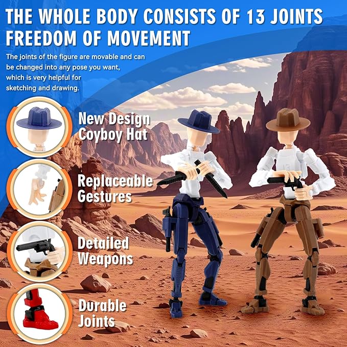 Titan 13 Action Figure, Cowboy Already Assembled T13 Action Figures for Boys, 2-Pack Cowboy Dummy 5.4 inches T Lucky 13 Action Figure, Figura de acción t13, Brown & Blue