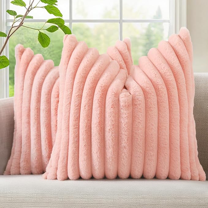 decorUhome Fall Faux Fur Throw Pillow Covers 20x20 Set of 2 Blush Pink | Decorative Soft Cozy Striped Plush Modern Farmhouse Boho Couch Pillow Cases Velvet Back for Sofa Bed Living Room Home Decor